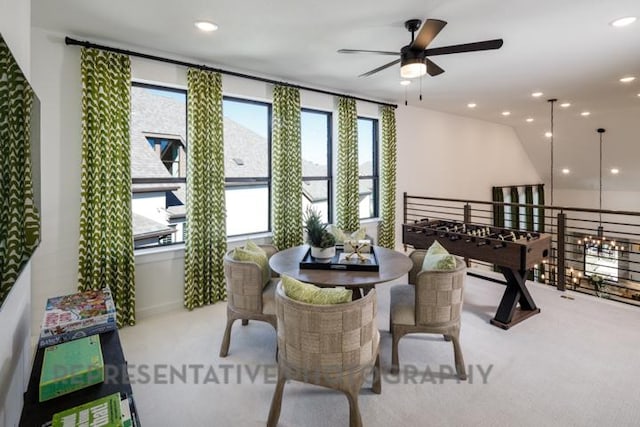 dining space with recessed lighting, carpet, and a ceiling fan