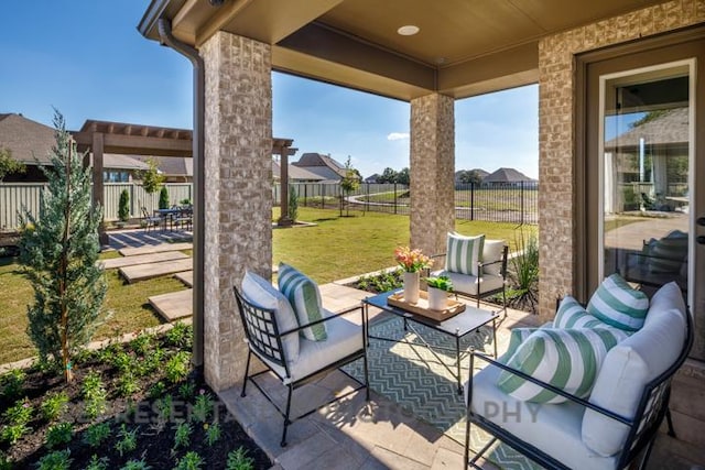 view of patio featuring an outdoor hangout area and a fenced backyard