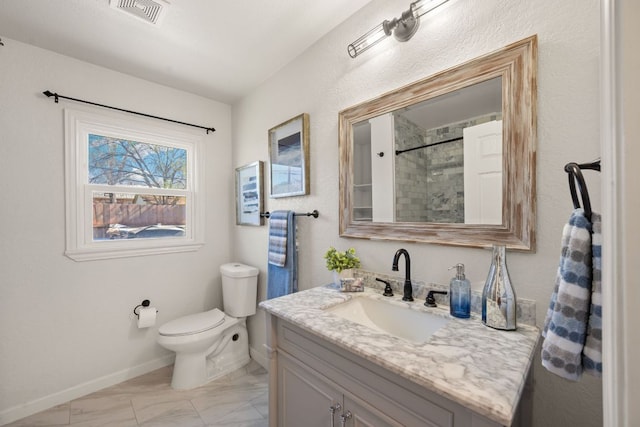 full bathroom featuring visible vents, baseboards, toilet, marble finish floor, and vanity