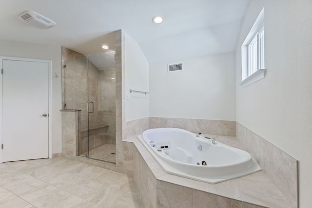 bathroom featuring visible vents, recessed lighting, a stall shower, and a jetted tub