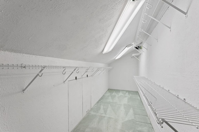 spacious closet with light carpet and vaulted ceiling