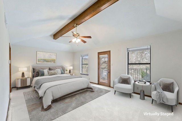 carpeted bedroom with a ceiling fan, vaulted ceiling with beams, and access to outside