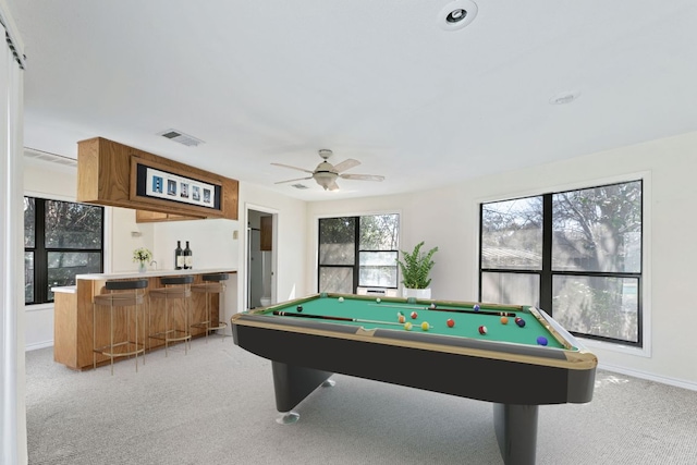 game room featuring visible vents, light carpet, ceiling fan, and billiards