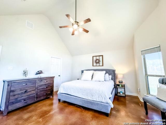 320 Mill Run, New Braunfels, TX 78132 - bedroom with high vaulted ceiling, ceiling fan, and baseboards