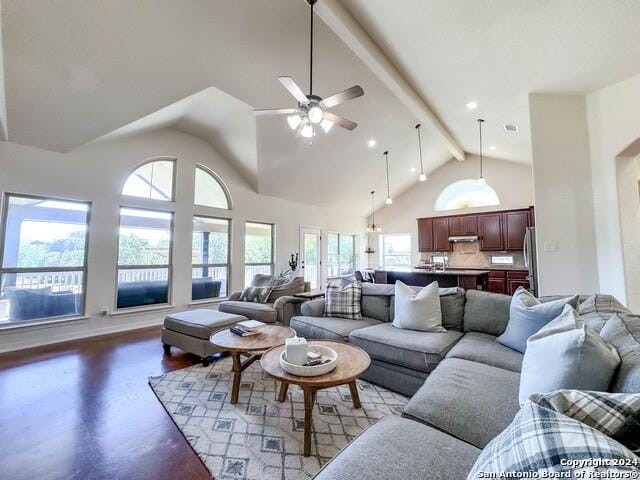 320 Mill Run, New Braunfels, TX 78132 - living area with ceiling fan, high vaulted ceiling, wood finished floors, recessed lighting, and beamed ceiling