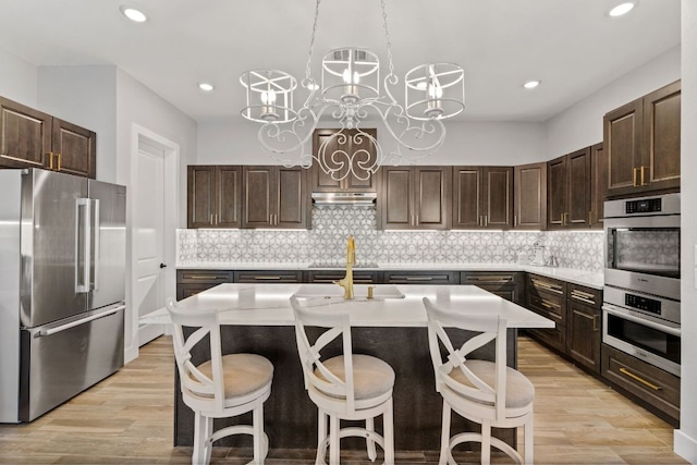 kitchen featuring light countertops, dark brown cabinets, light wood-style floors, under cabinet range hood, and appliances with stainless steel finishes