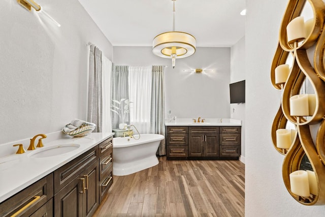 full bath featuring a freestanding tub, wood finished floors, two vanities, and a sink