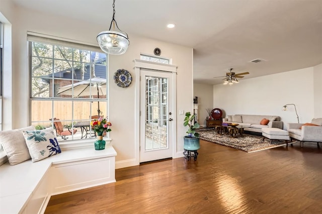 foyer entrance with recessed lighting, visible vents, wood finished floors, and a ceiling fan