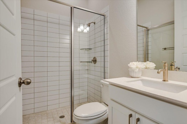 full bath featuring a shower stall, toilet, vanity, and a textured wall