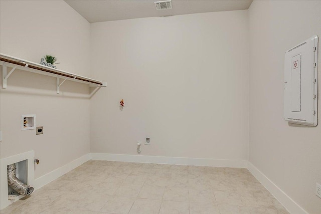 washroom featuring hookup for a gas dryer, hookup for an electric dryer, visible vents, and laundry area