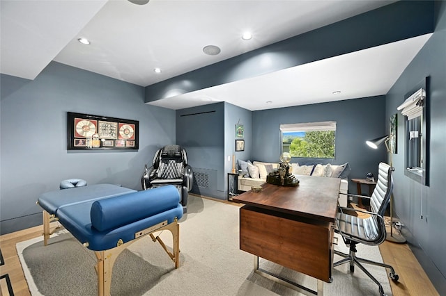 office area featuring recessed lighting, baseboards, and light wood-style flooring