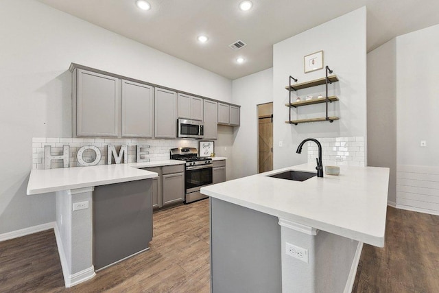 kitchen featuring a sink, a peninsula, gray cabinetry, and stainless steel appliances