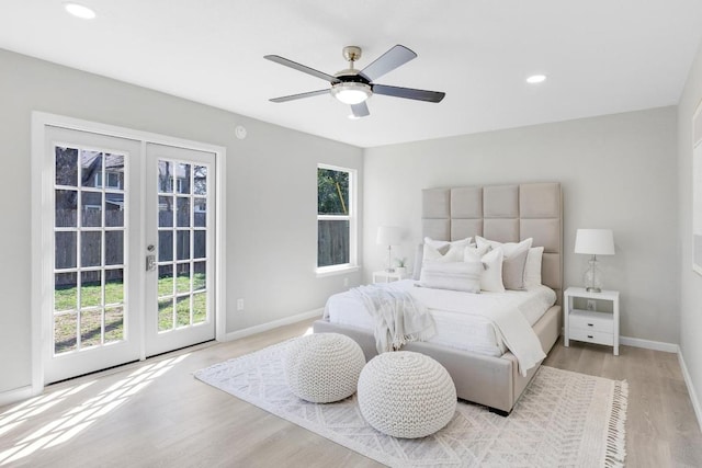 bedroom featuring light wood-type flooring, french doors, baseboards, and access to outside