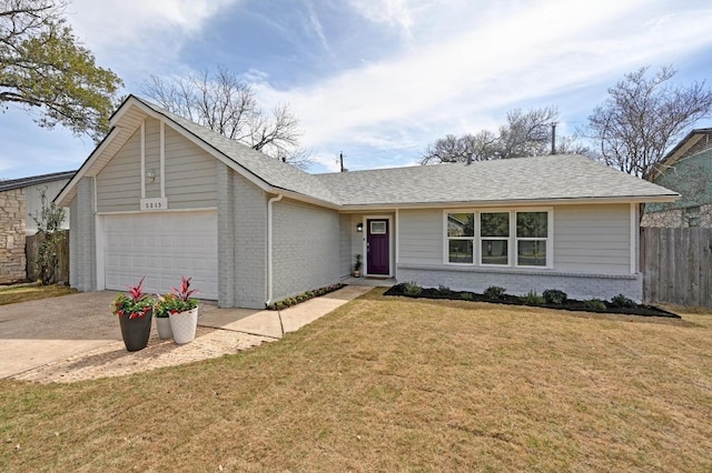 ranch-style house with a garage, fence, brick siding, and driveway