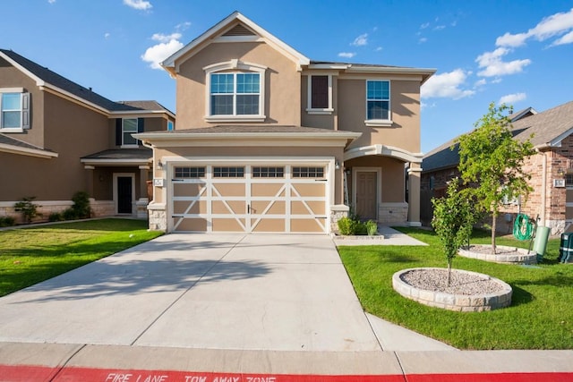 view of front of house with a front yard, driveway, stucco siding, stone siding, and a garage