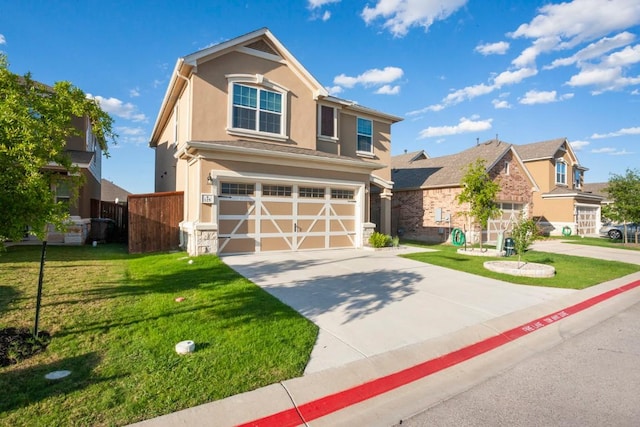 traditional-style home featuring a front yard, a garage, driveway, and stucco siding