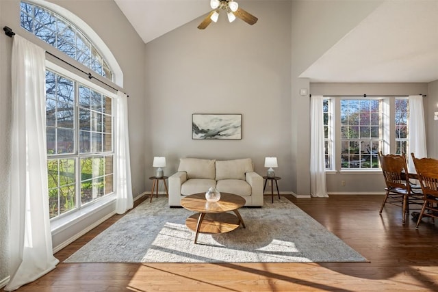 living room featuring a ceiling fan, plenty of natural light, wood finished floors, and high vaulted ceiling