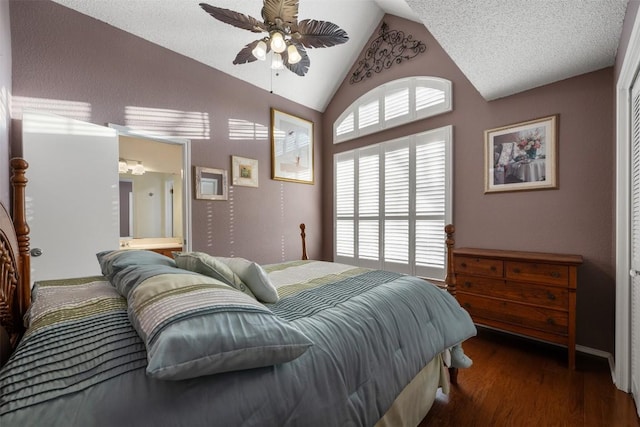 bedroom featuring vaulted ceiling, ceiling fan, and wood finished floors