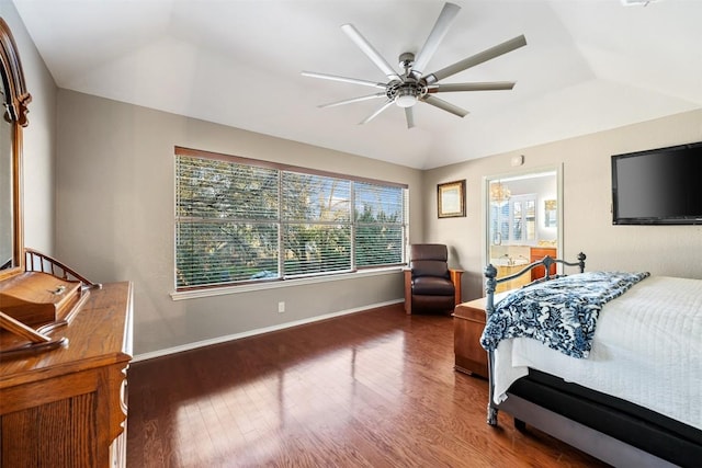 bedroom featuring vaulted ceiling, ceiling fan, baseboards, and wood finished floors