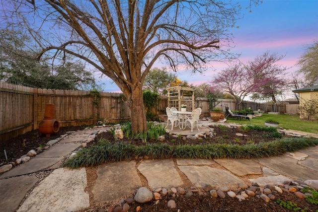 yard at dusk featuring a patio area and a fenced backyard