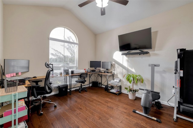 office area with baseboards, lofted ceiling, a ceiling fan, and wood-type flooring