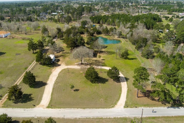 drone / aerial view featuring a water view and a rural view