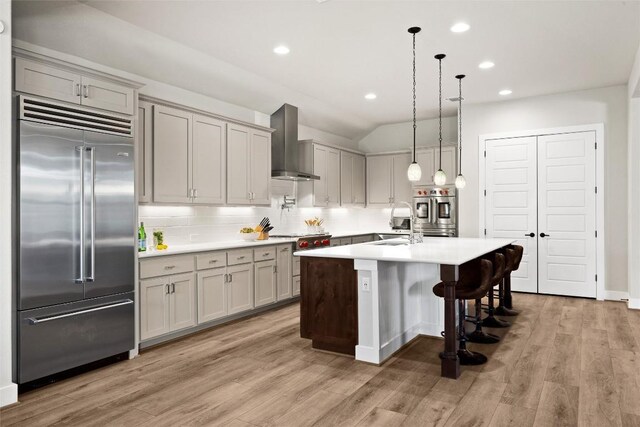 530 Crosswater Ln, Dripping Springs, TX 78620 - kitchen with premium appliances, wall chimney exhaust hood, a sink, backsplash, and light countertops