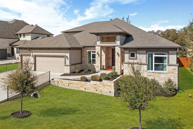 view of front of property featuring stone siding, roof with shingles, stucco siding, a garage, and driveway