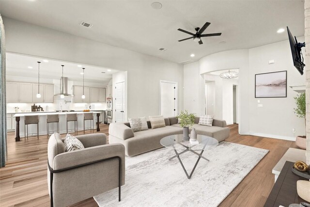 530 Crosswater Ln, Dripping Springs, TX 78620 - living room featuring ceiling fan, light wood-style floors, recessed lighting, and baseboards