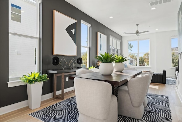 dining space featuring light wood finished floors, visible vents, baseboards, ceiling fan, and recessed lighting