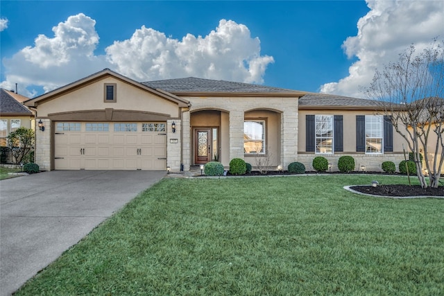 ranch-style house featuring a front yard, an attached garage, stucco siding, concrete driveway, and stone siding