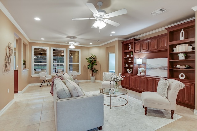 living area featuring visible vents, ornamental molding, a ceiling fan, light tile patterned floors, and baseboards