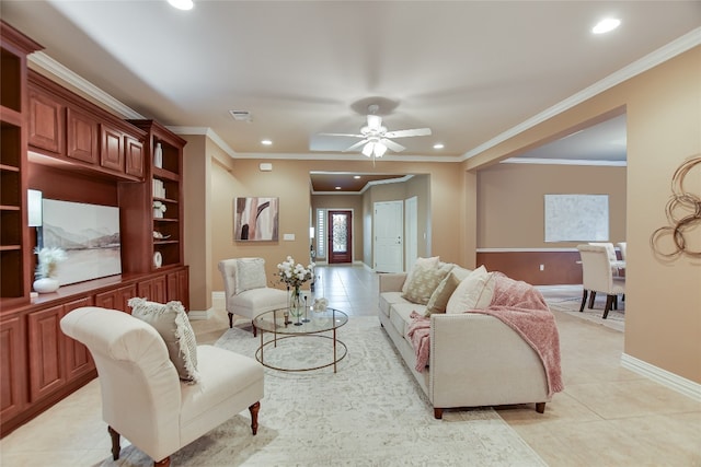 living room featuring light tile patterned floors, ceiling fan, and recessed lighting