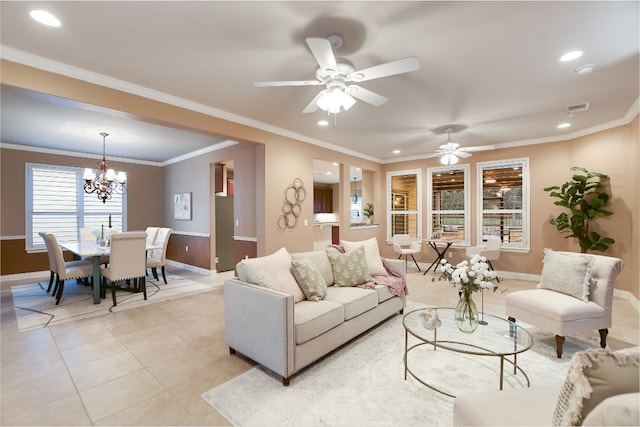 living area featuring visible vents, ornamental molding, ceiling fan with notable chandelier, recessed lighting, and light tile patterned flooring