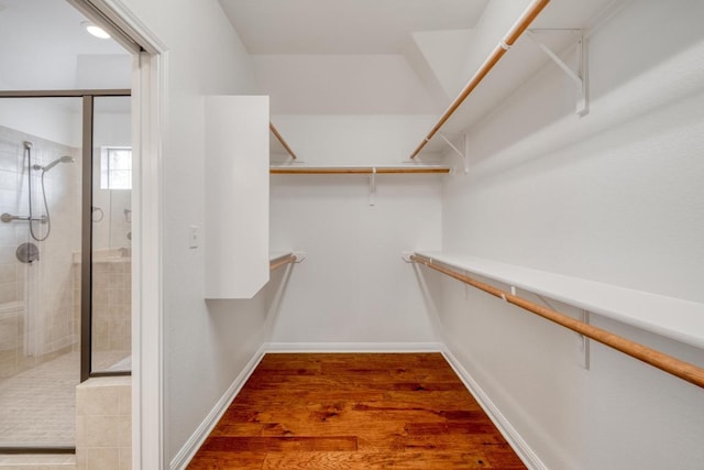 walk in closet with wood finished floors