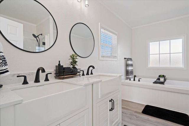 bathroom with double vanity, wood finished floors, crown molding, and a bath