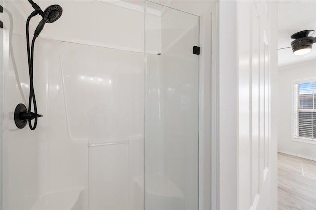 bathroom with wood finished floors and a shower stall