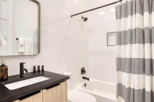 bathroom featuring vanity, radiator heating unit, toilet, and shower / bathtub combination with curtain