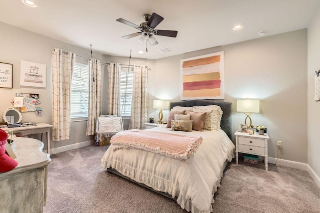 bedroom with a ceiling fan, visible vents, baseboards, carpet floors, and recessed lighting