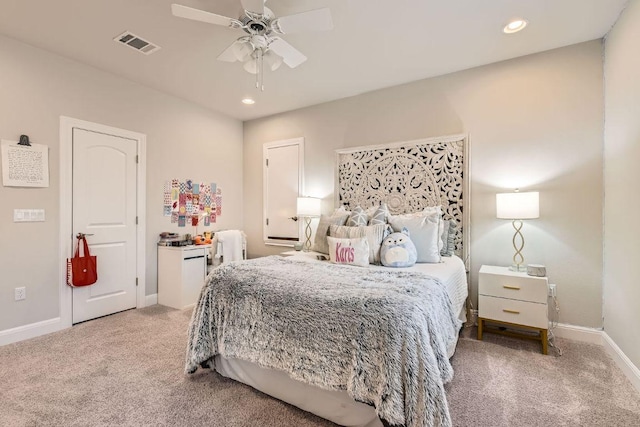 bedroom with recessed lighting, baseboards, visible vents, and light carpet