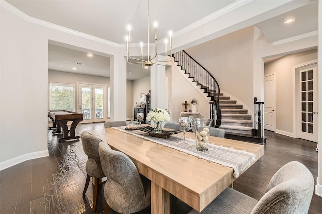 921 Morning Moon Cir, Austin, TX 78732 - dining space featuring french doors, stairway, dark wood-type flooring, crown molding, and a chandelier