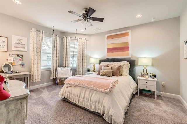 921 Morning Moon Cir, Austin, TX 78732 - bedroom featuring baseboards, carpet flooring, recessed lighting, and a ceiling fan