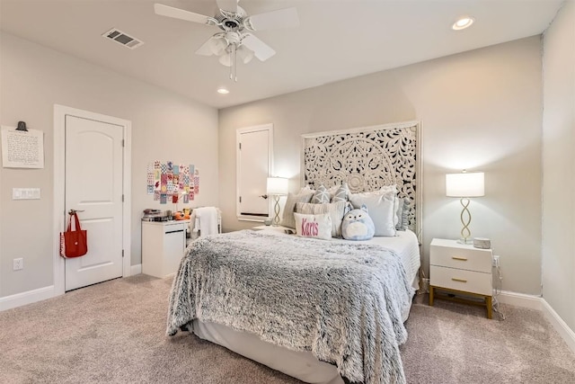 921 Morning Moon Cir, Austin, TX 78732 - bedroom featuring light carpet, baseboards, recessed lighting, and ceiling fan