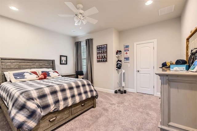921 Morning Moon Cir, Austin, TX 78732 - bedroom with light colored carpet, recessed lighting, baseboards, and ceiling fan