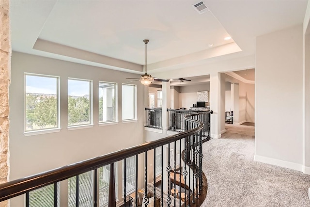 921 Morning Moon Cir, Austin, TX 78732 - hall featuring a tray ceiling, healthy amount of natural light, an upstairs landing, and carpet flooring
