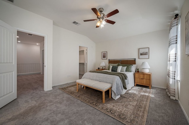 carpeted bedroom with visible vents, ceiling fan, baseboards, and lofted ceiling