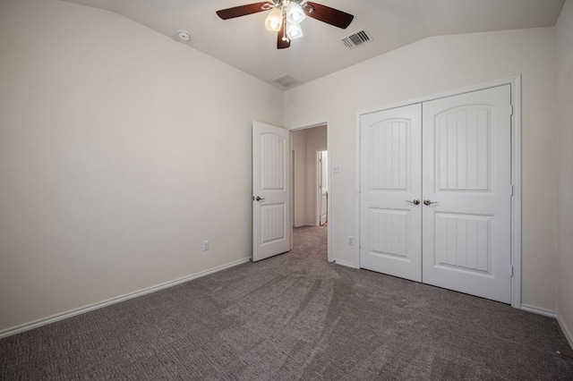 404 Buttercup Creek Blvd Unit 10, Cedar Park, TX 78613 - unfurnished bedroom featuring vaulted ceiling, carpet floors, a closet, baseboards, and a ceiling fan