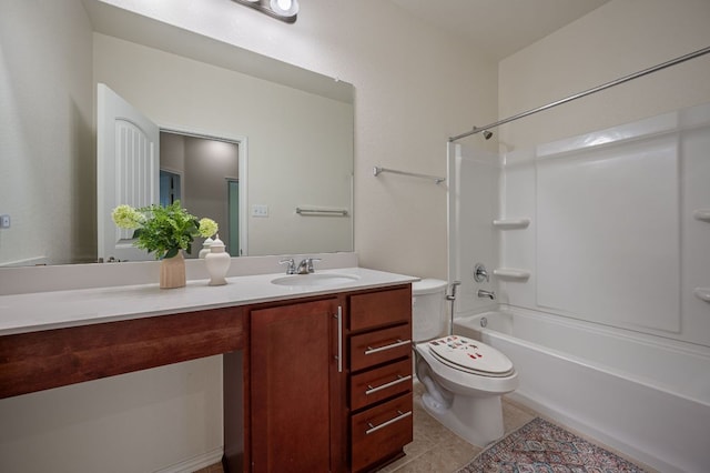 full bathroom with toilet, bathtub / shower combination, vanity, and tile patterned flooring