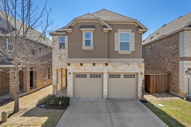 traditional home with concrete driveway, roof with shingles, stucco siding, stone siding, and an attached garage