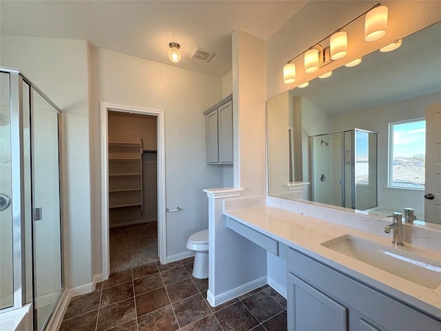 full bath with visible vents, toilet, a stall shower, a spacious closet, and vanity